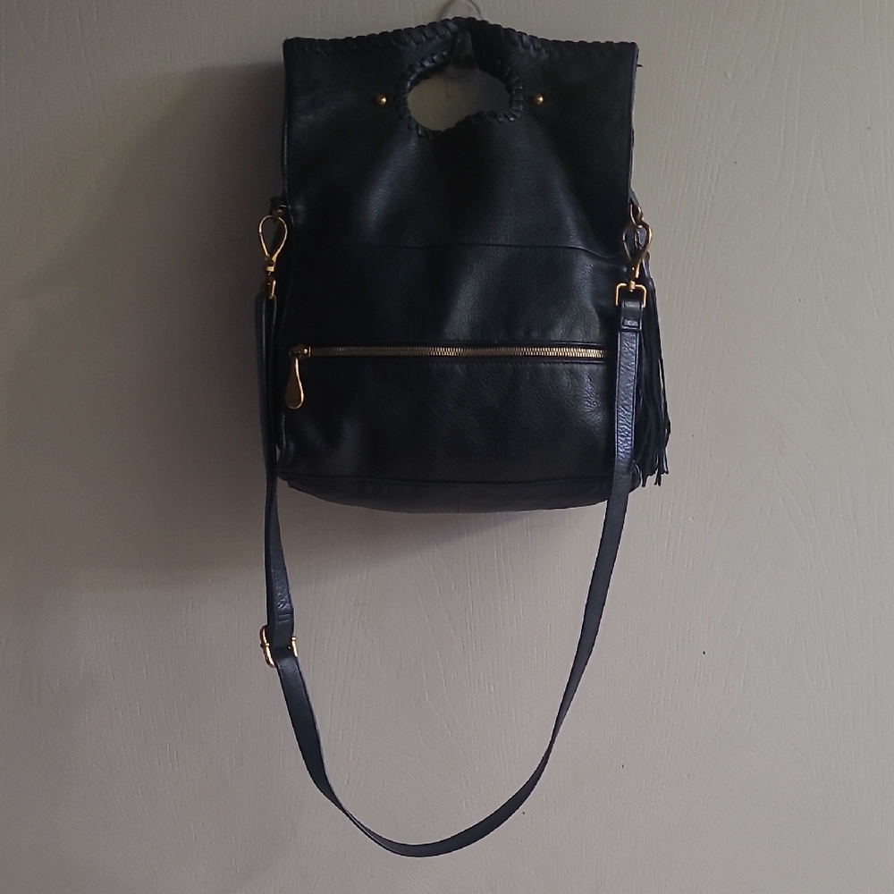 Hobo The Original Boho Black Foldover Leather Braided Tote Bag